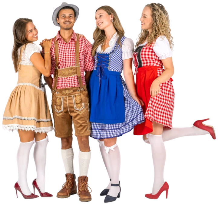 Vier modellen in Beierse kleding: een man in lederhosen en drie vrouwen in dirndls
